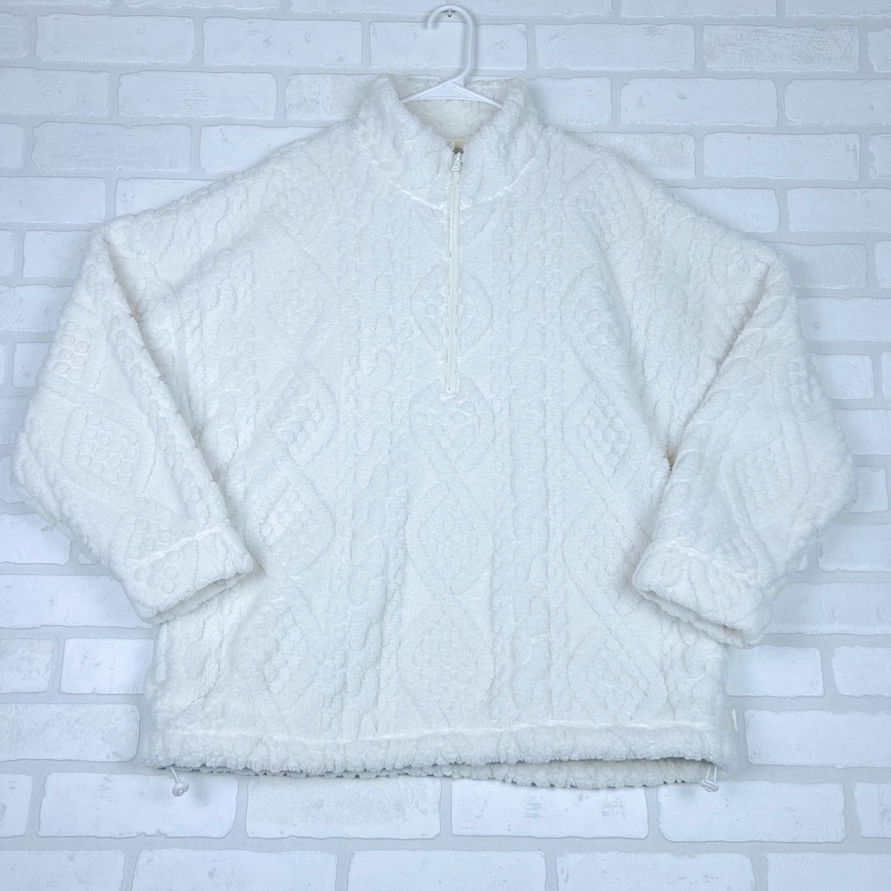 Gilly Hicks Cream Faux Fur Cable Knit Quarter Zip Pullover XL 515A0136